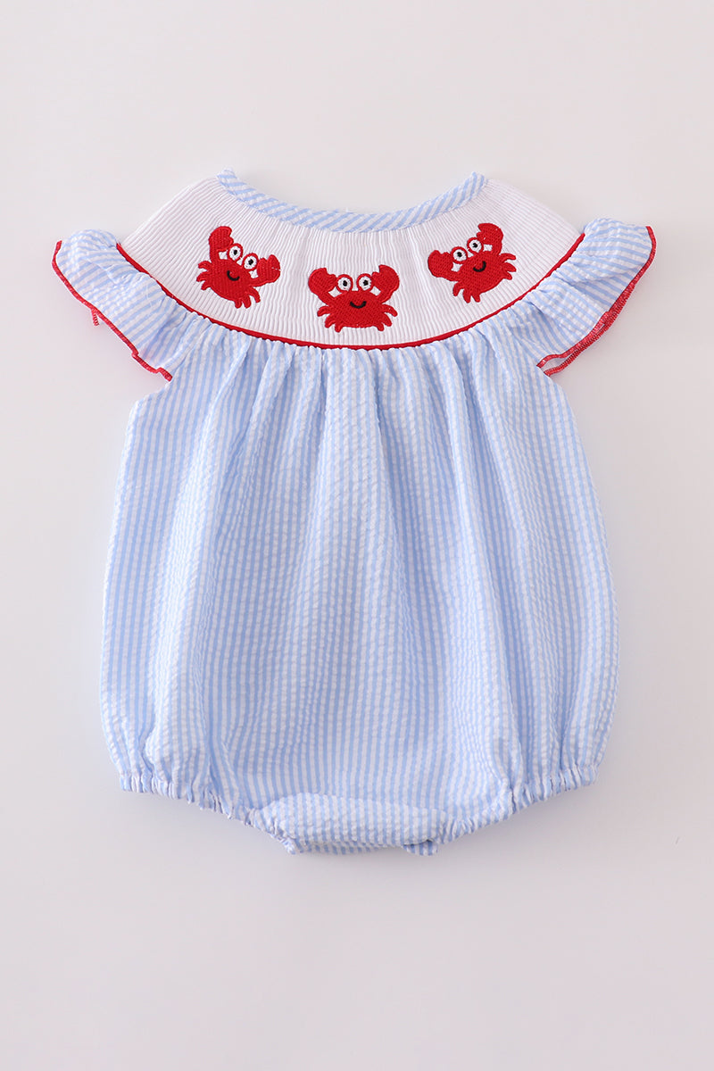 Blue Seersucker Embroidery Smocked Bubble Honeydew