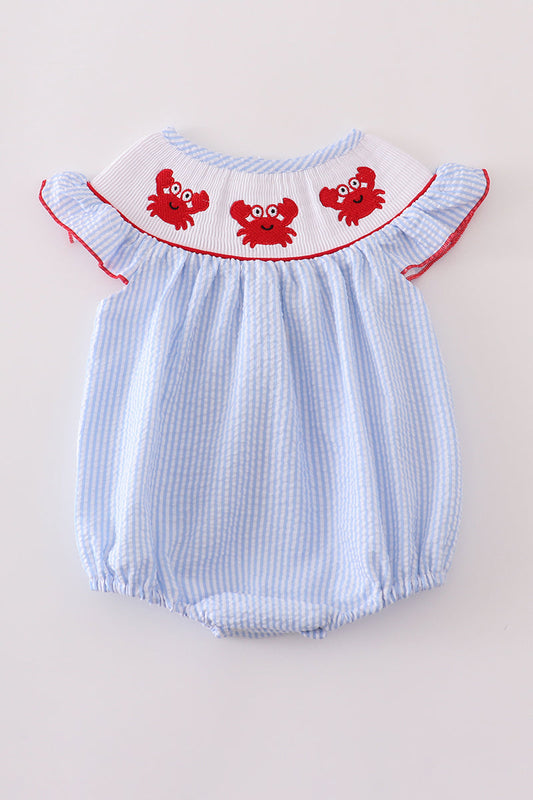 Blue Seersucker Embroidery Smocked Bubble Honeydew