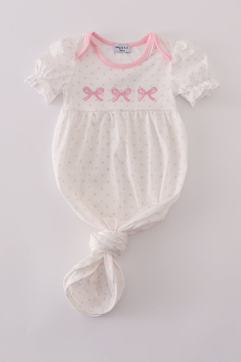 Pink Bow Embroidery Dot Newborn Gown Honeydew