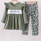 Camouflage Fish Embroidery Girl Ruffle Pants Set Honeydew