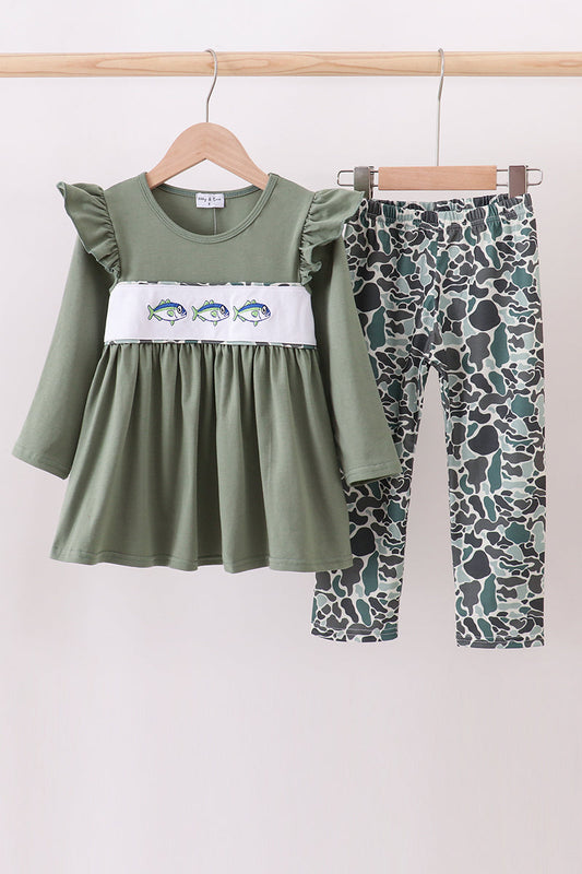 Camouflage Fish Embroidery Girl Ruffle Pants Set Honeydew