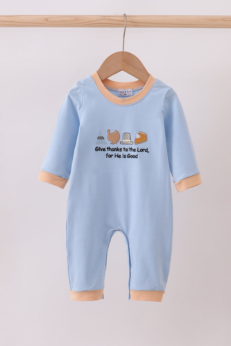 Blue Turkey He Is Good Embroidery Boy Romper Honeydew