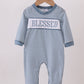 Blue Striped Blessed Embroidery Boys Romper Honeydew
