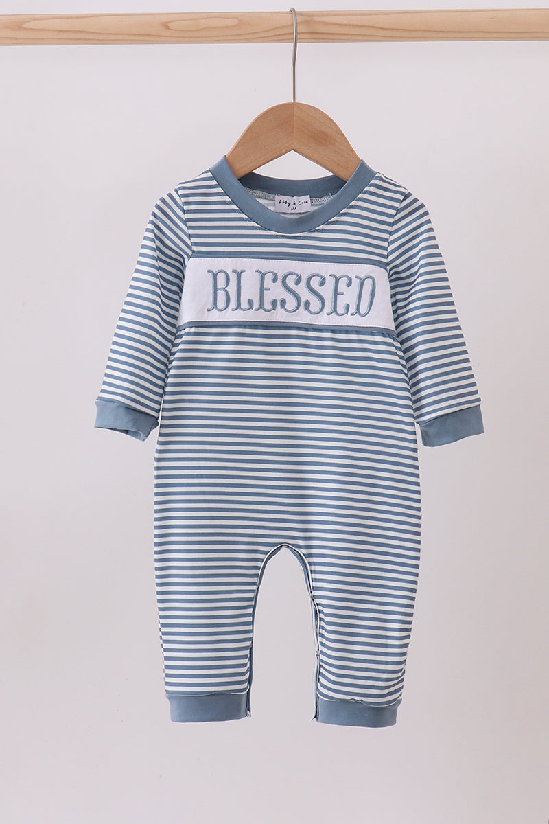 Blue Striped Blessed Embroidery Boys Romper Honeydew