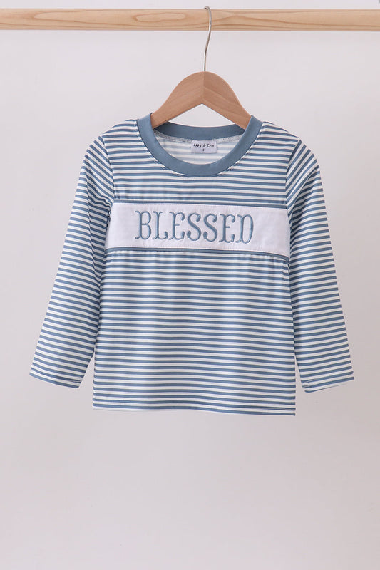 Blue Striped Blessed Embroidery Boys Top Honeydew
