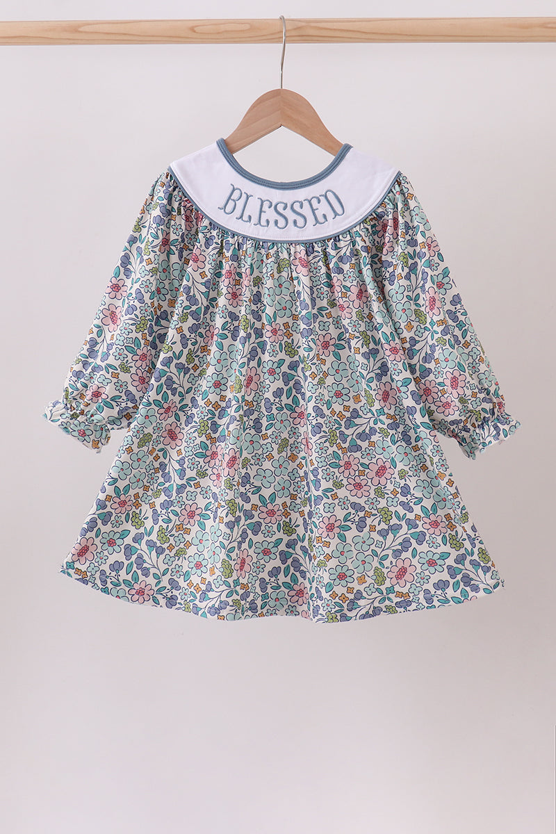 Blue Floral Blessed Embroidery Girls Dress Honeydew