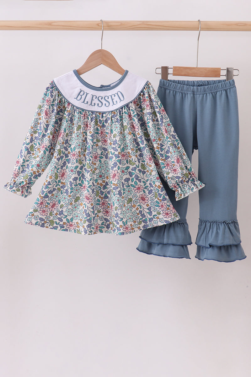 Blue Floral Blessed Embroidery Girls 2 Pc Pants Set Honeydew