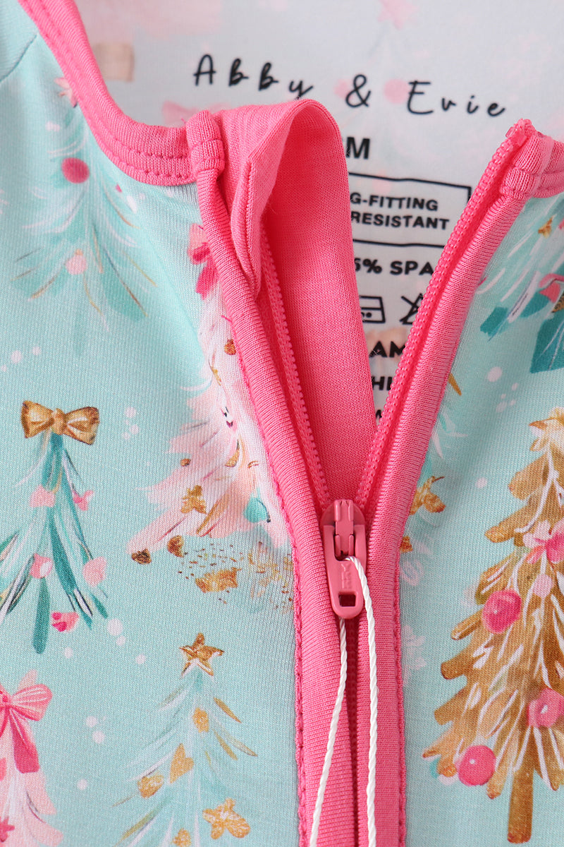 Mint Christmas Tree Bamboo Zipper Romper Honeydew