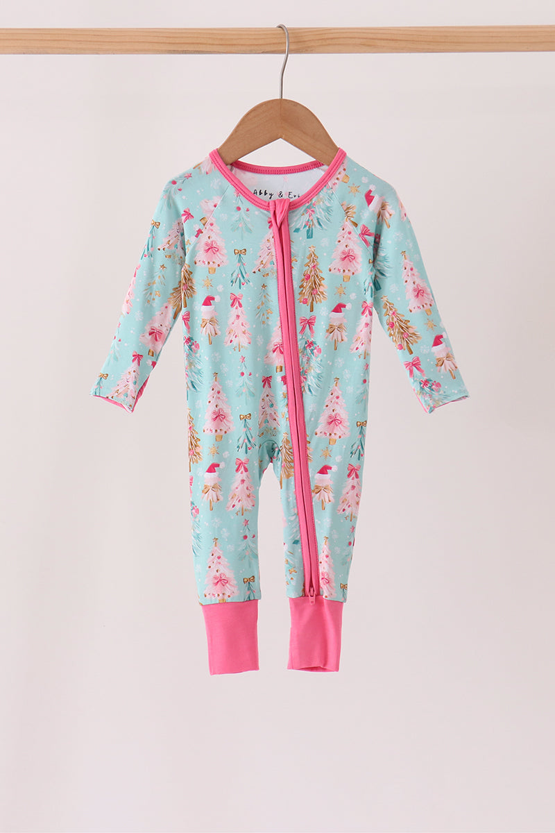 Mint Christmas Tree Bamboo Zipper Romper Honeydew