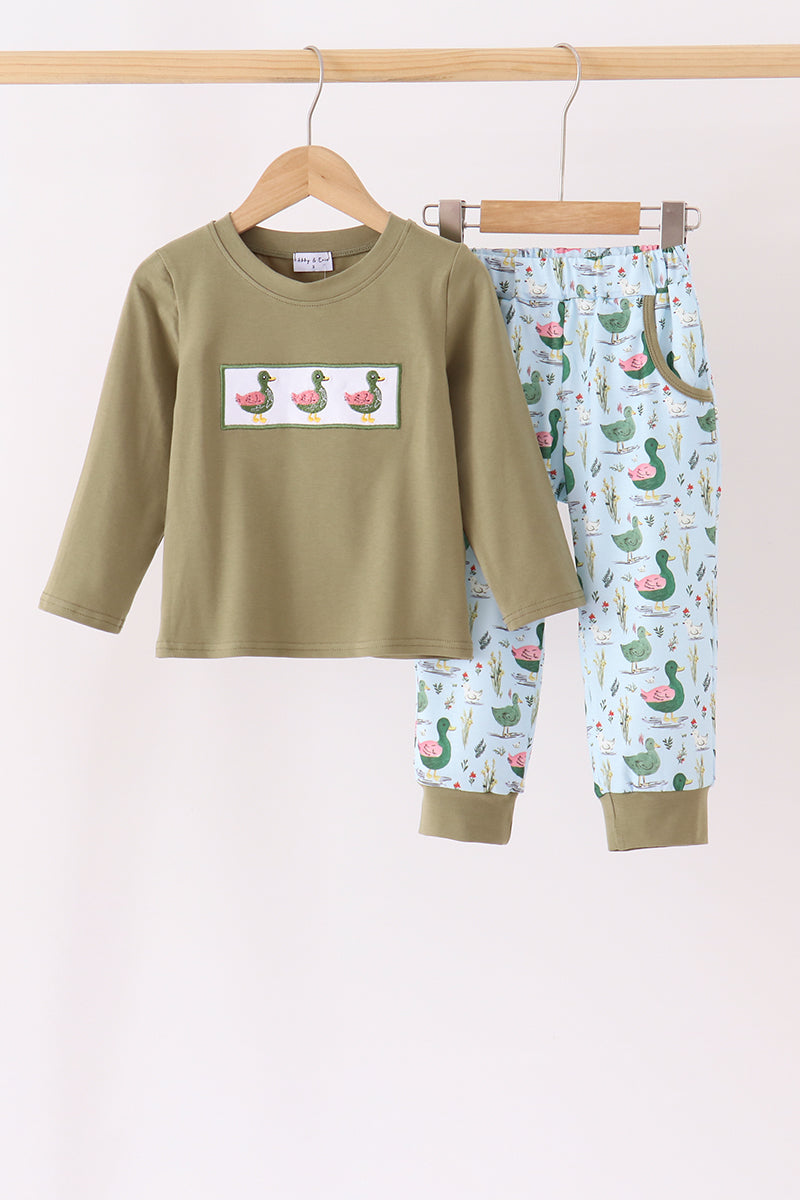 Green Mallard Ducks Embroidery Boy Pants Set Honeydew