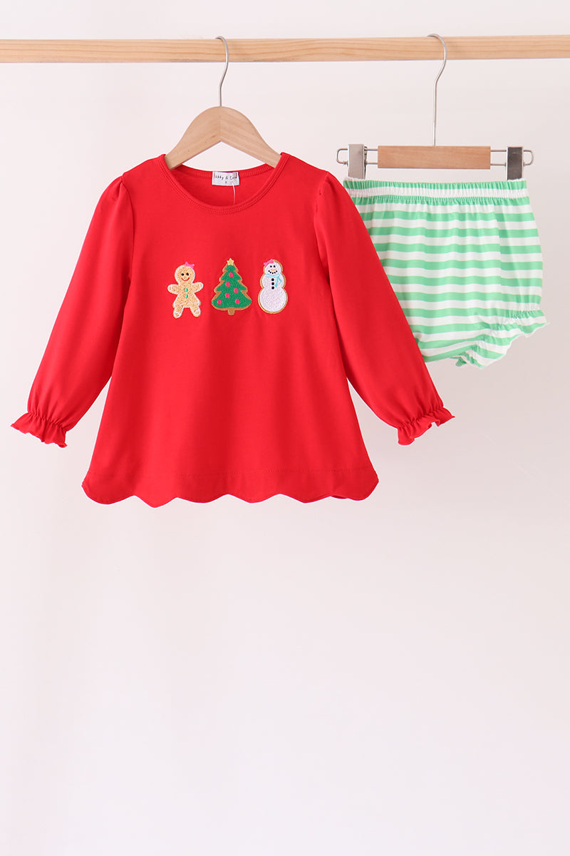 Red Gingerbread Tree Embroidery Scalloped Girl Bloomer Set Honeydew