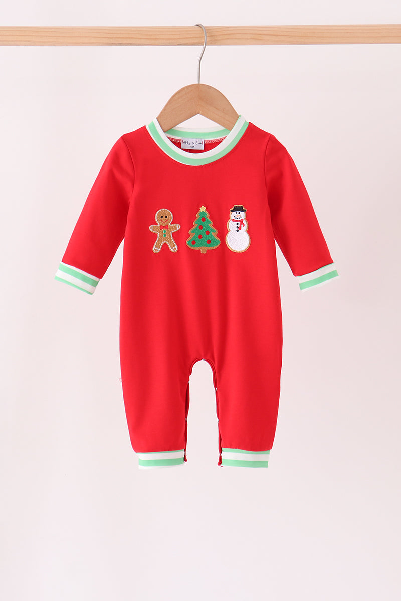 Red Gingerbread Tree Embroidery Boy Romper Honeydew