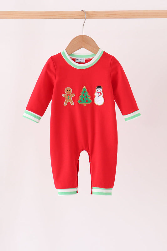 Red Gingerbread Tree Embroidery Boy Romper Honeydew