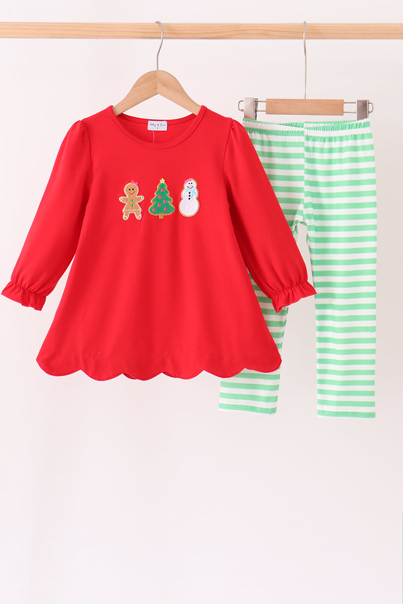 Red Gingerbread Tree Embroidery 2 Pc Pants Set Honeydew