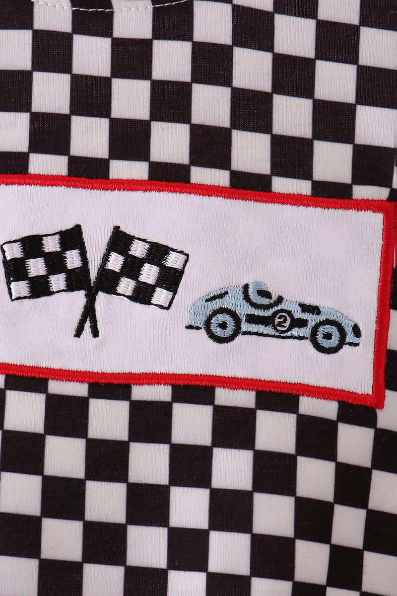 Black Race Car Embroidery Checkered Boy Bubble Honeydew