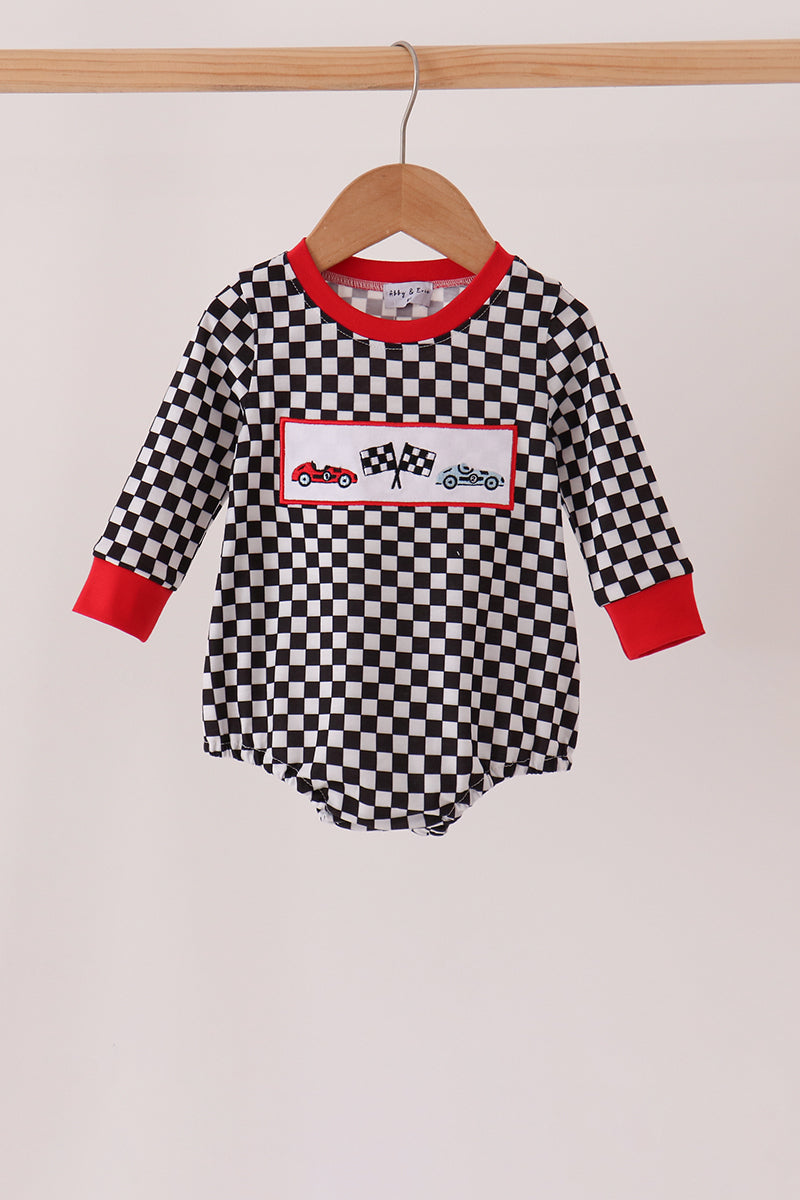 Black Race Car Embroidery Checkered Boy Bubble Honeydew
