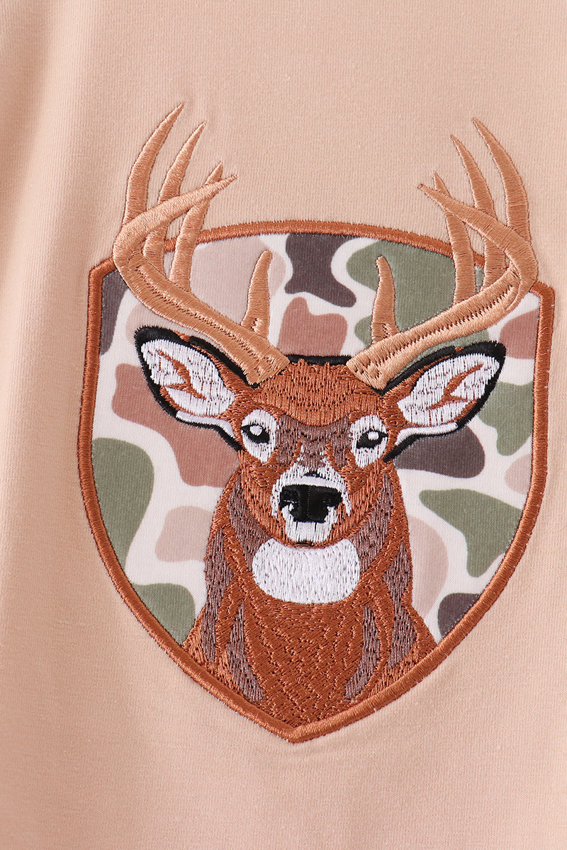 Tan Camo Deer Applique Boy Romper Honeydew