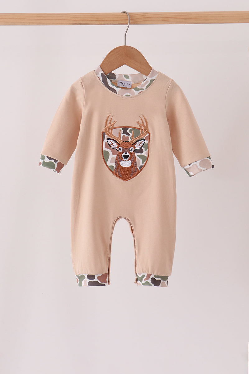Tan Camo Deer Applique Boy Romper Honeydew