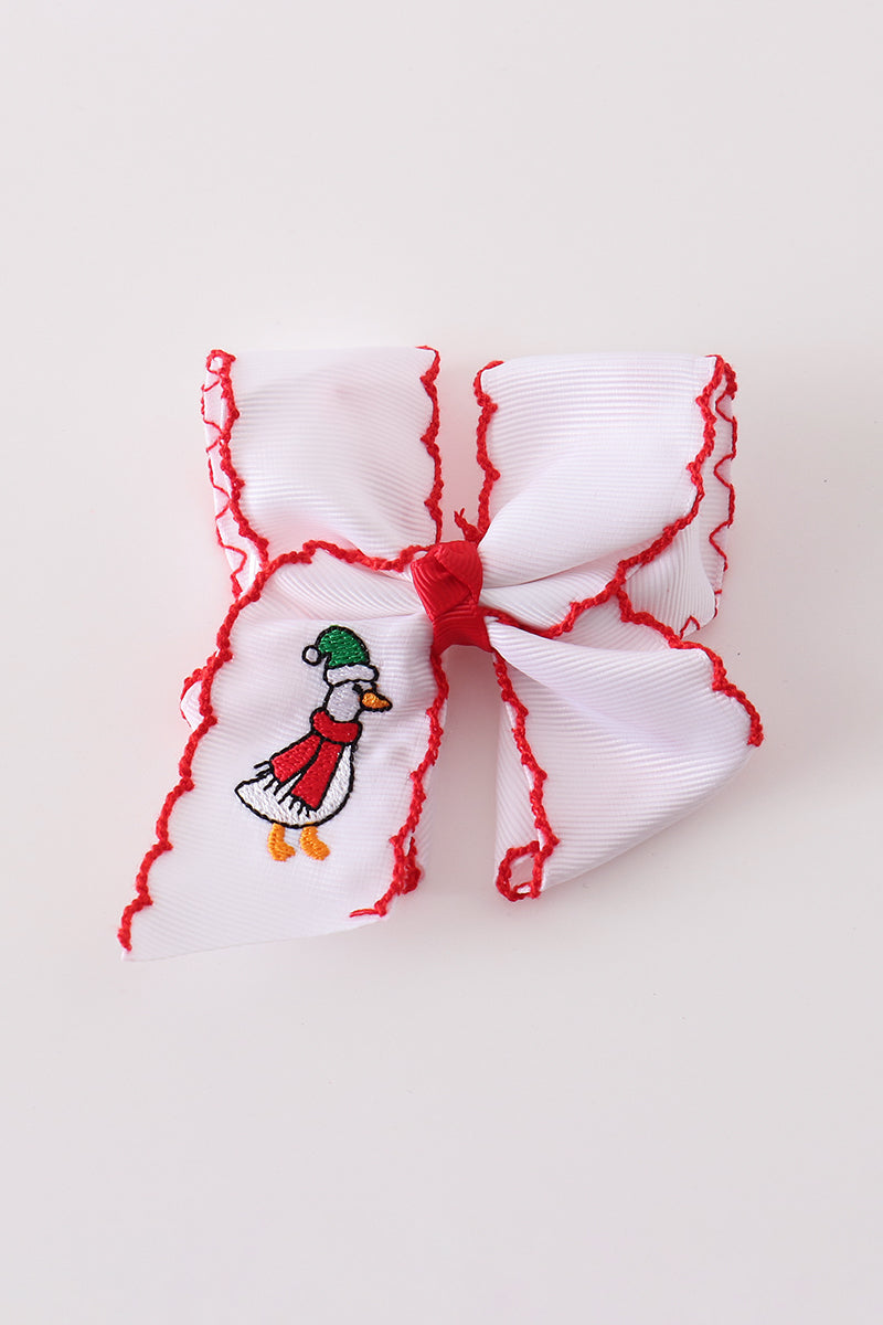 Red Goose Holiday Embroidery Crotchet Edge Alligator Clip Hair Bow Honeydew