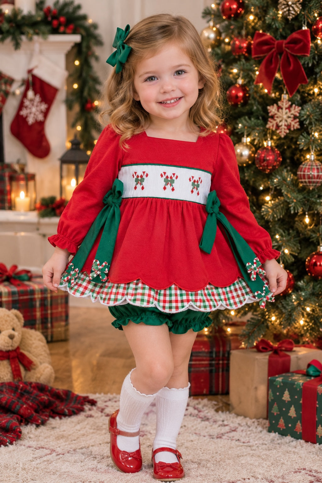 Hand Smocked Red Candy Cane Bloomer Set Ambabie