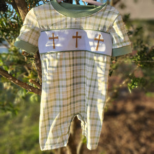 Green Easter Plaid Print Cross Embroidery Boy Romper Honeydew