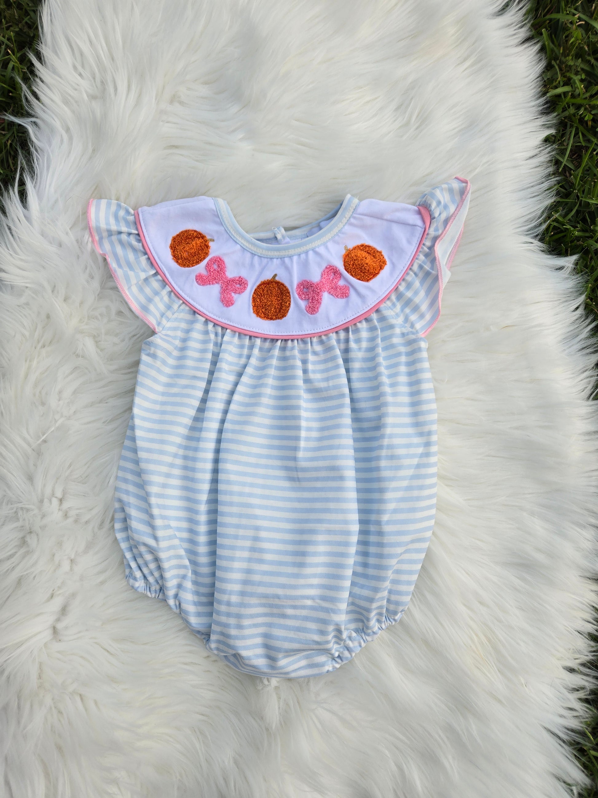 Blue Striped Orange French Knot Pumpkin Girl Romper Honeydew