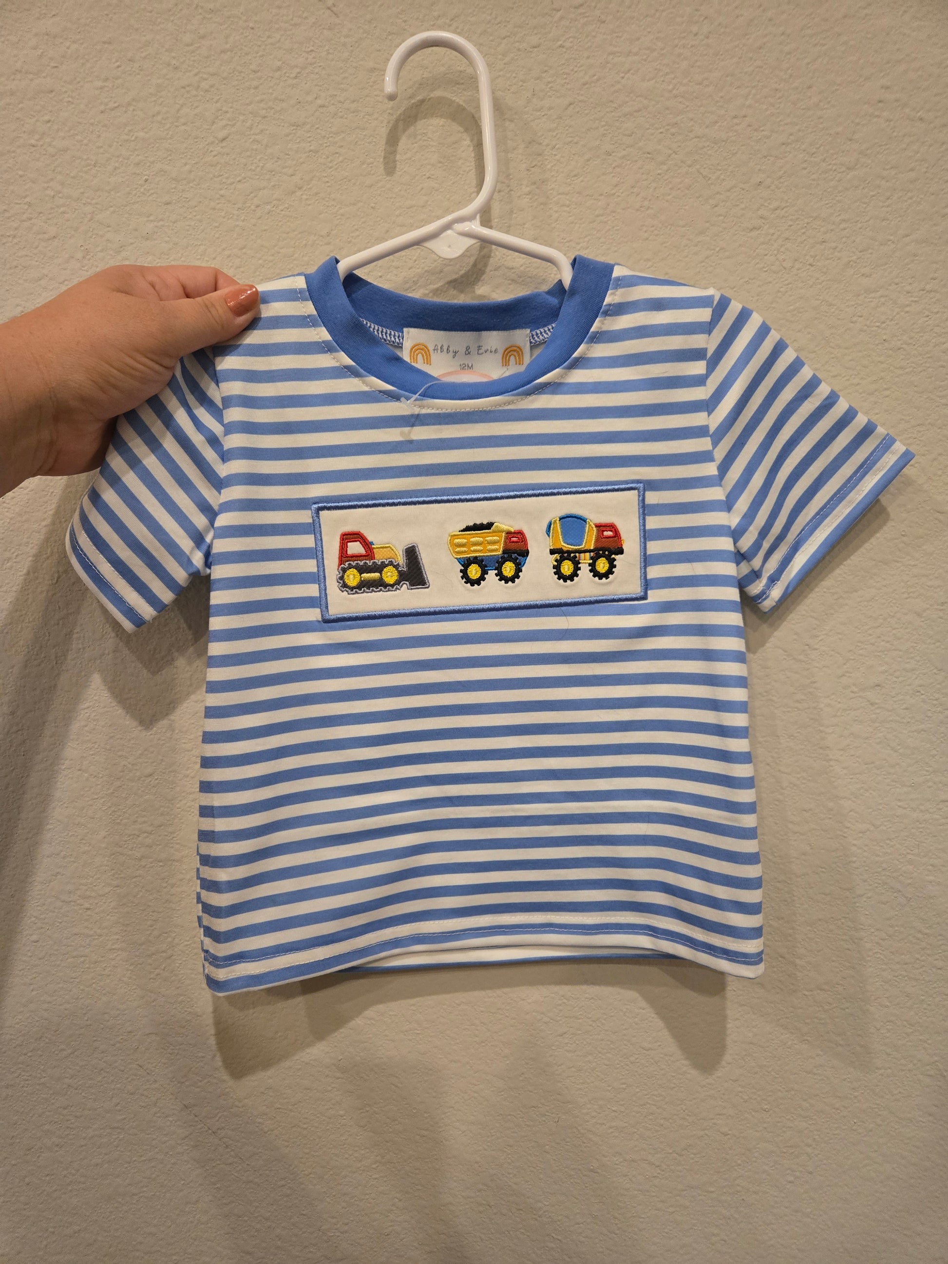 Blue construction trucks embroidery stripe boy top Honeydew
