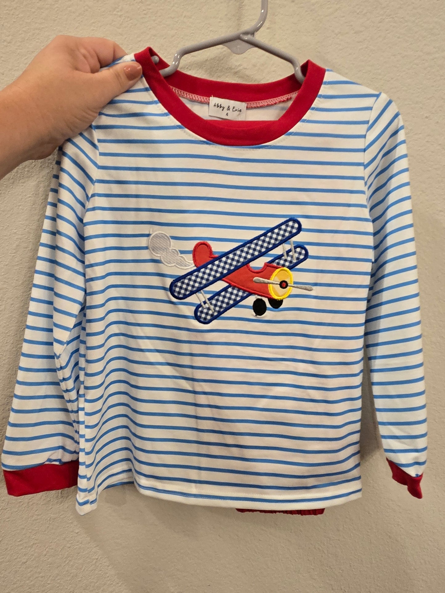 Blue Stripe Airplane Applique Boy Set Honeydew