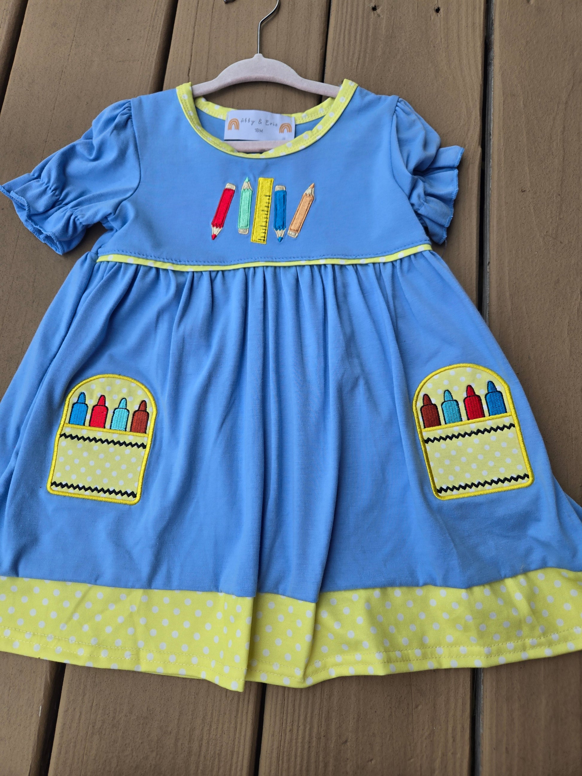 Blue Crayon Embroidery Short Sleeve Dress Honeydew
