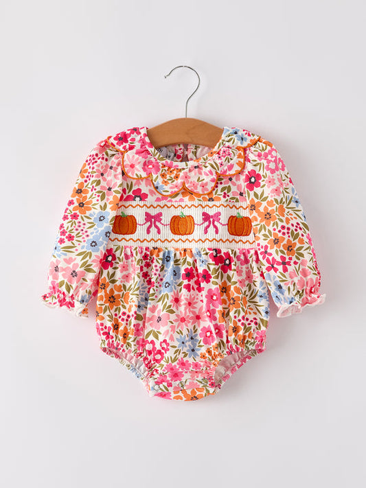 Fall Colorful Collared Floral Smocked Pumpkin Embroidered Girl Romper Rylee Faith
