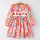 Fall Halloween & Thanksgiving Pumpkin Bow Smock Embroidered Floral Dress Rylee Faith