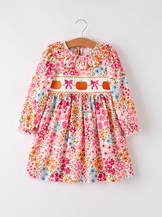 Fall Halloween & Thanksgiving Pumpkin Bow Smock Embroidered Floral Dress Rylee Faith
