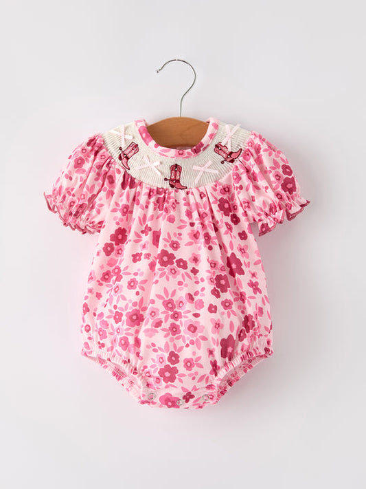 Boots Smocking Embroidered Floral Girl Romper Rylee Faith