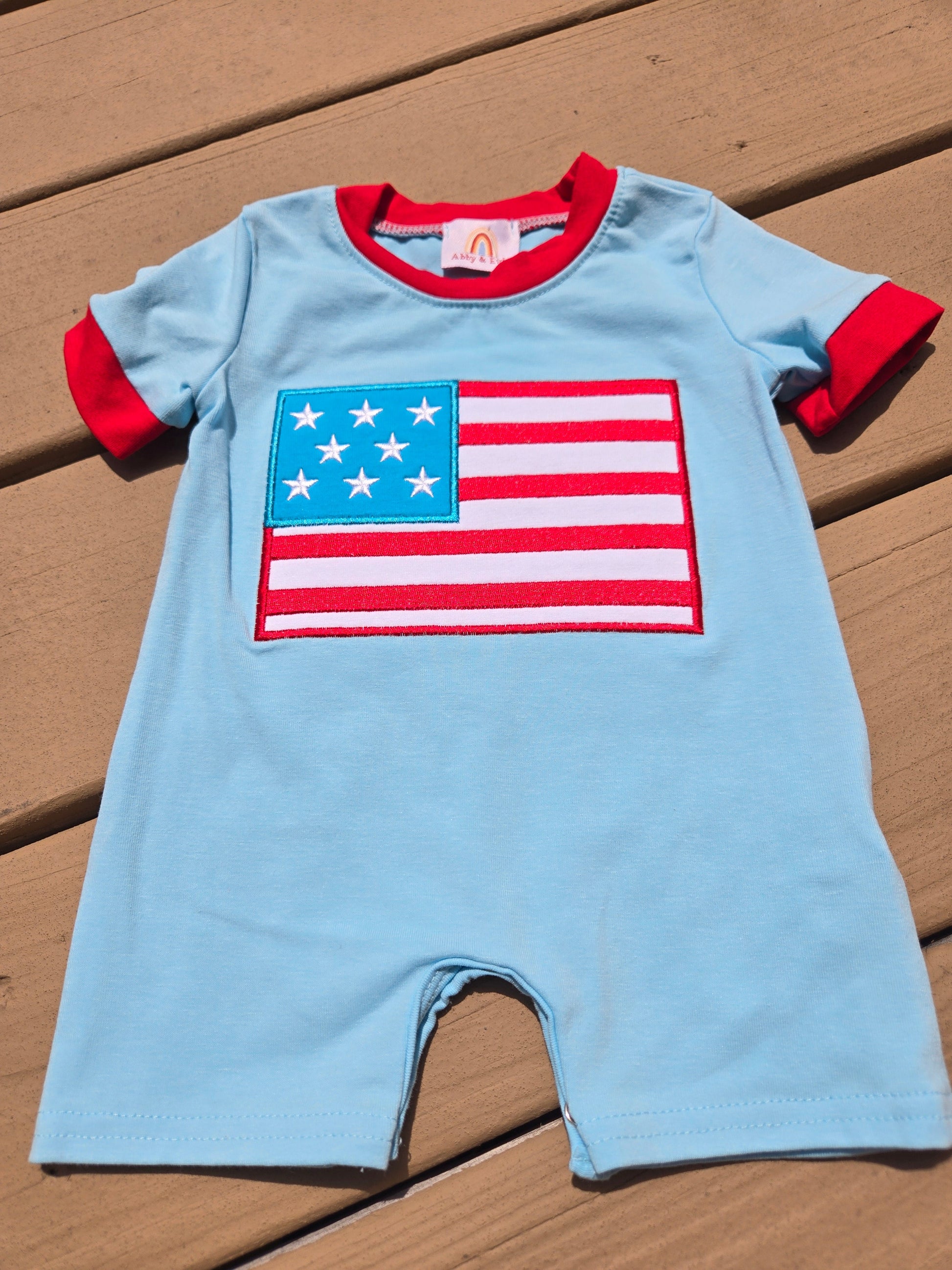 Patriotic Flag Applique Boy Romper Honeydew