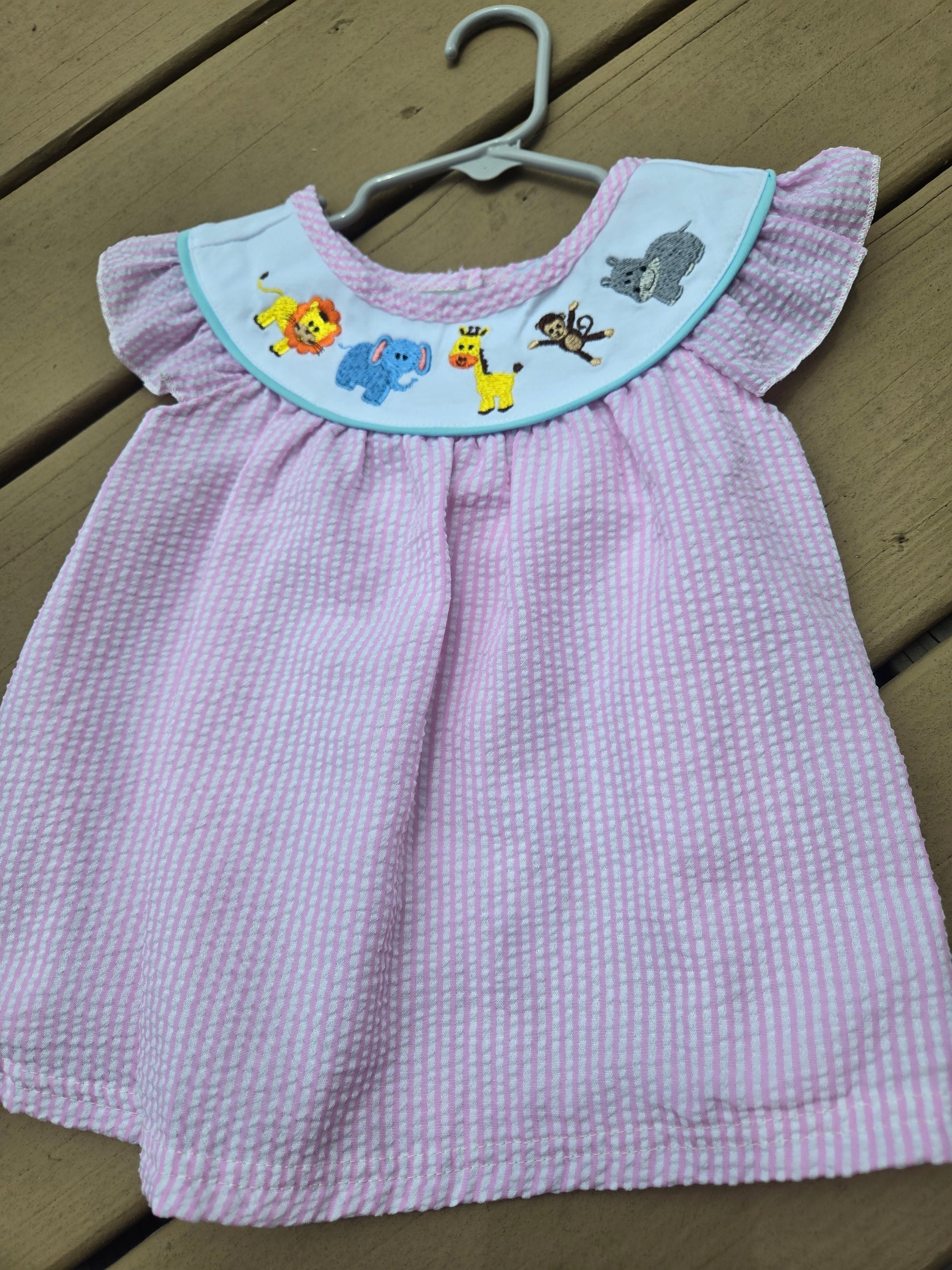 Pink Seersucker Animal Embroidery Dress Honeydew