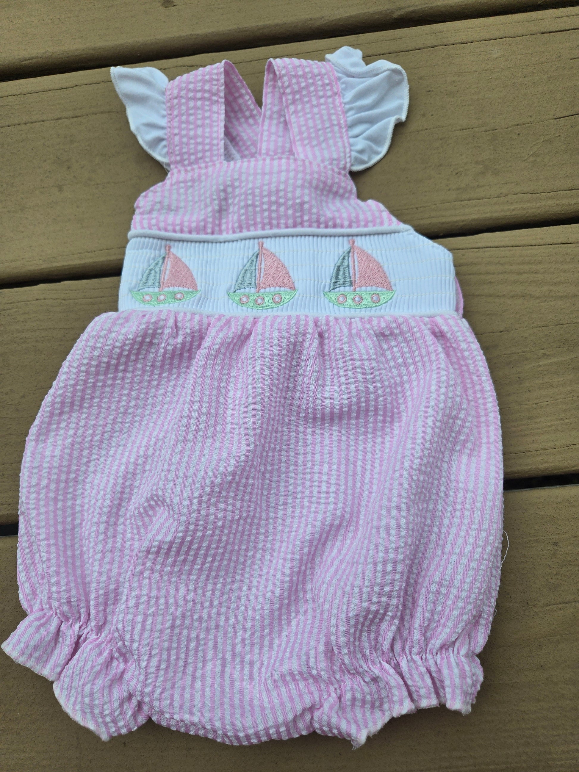 Pink Seersucker Sailboat Embroidery Girl Romper Honeydew