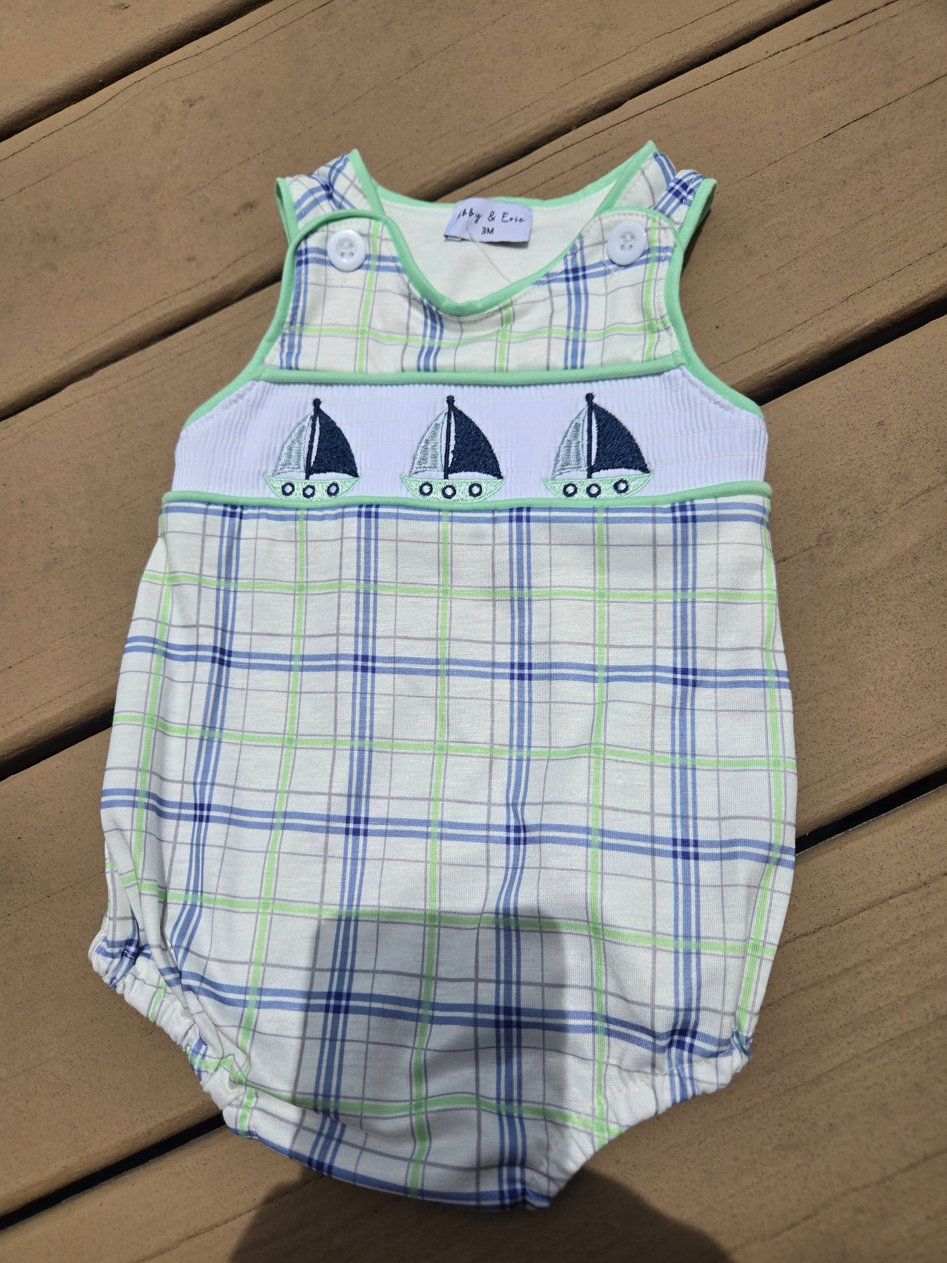 Green Plaid Sailboat Embroidery Boy Romper Honeydew