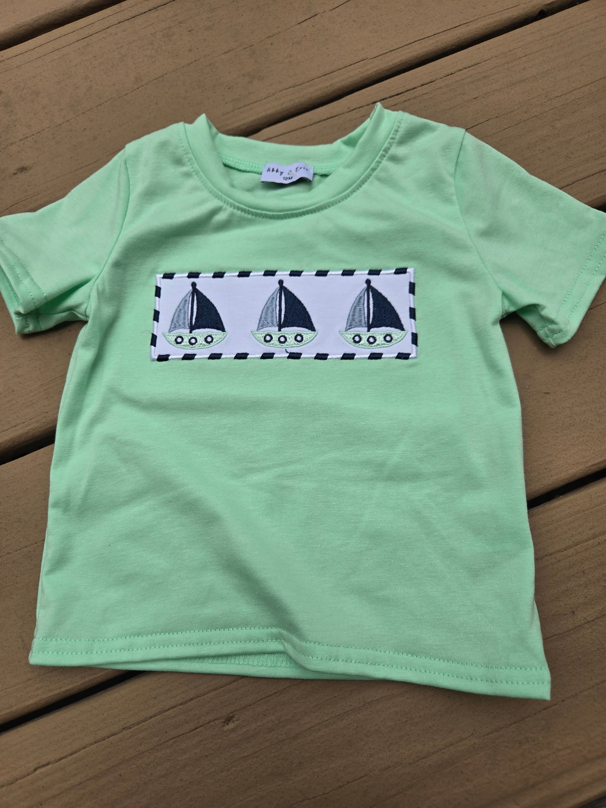 Green Sailboat Embroidery Shirt Honeydew