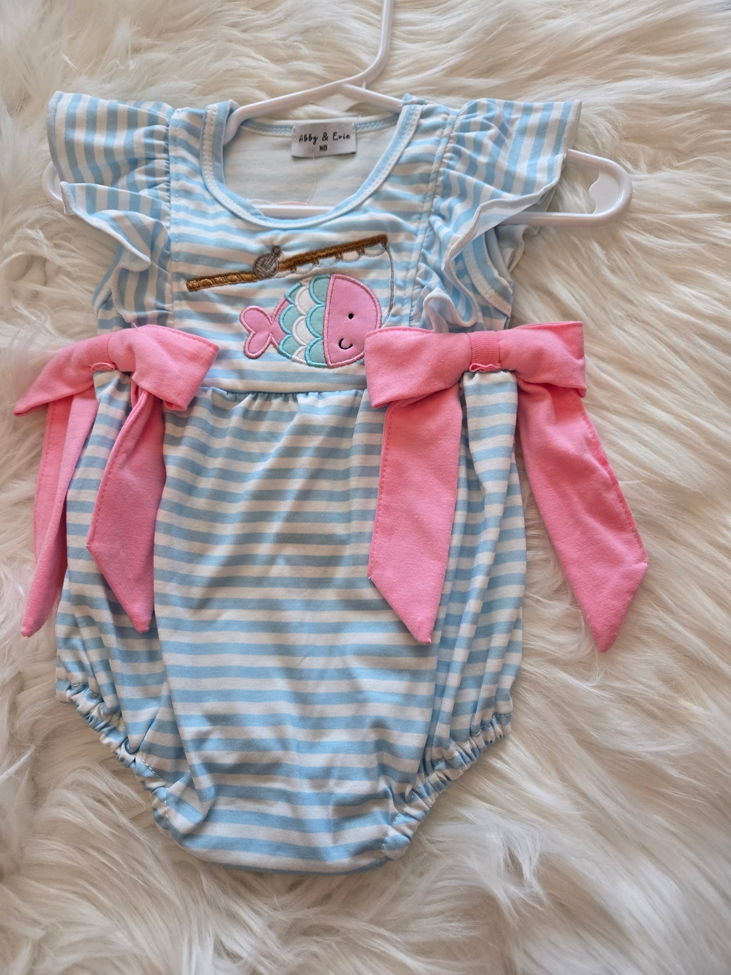 Blue Stripe Go Fishing Applique Girl Bubble Honeydew