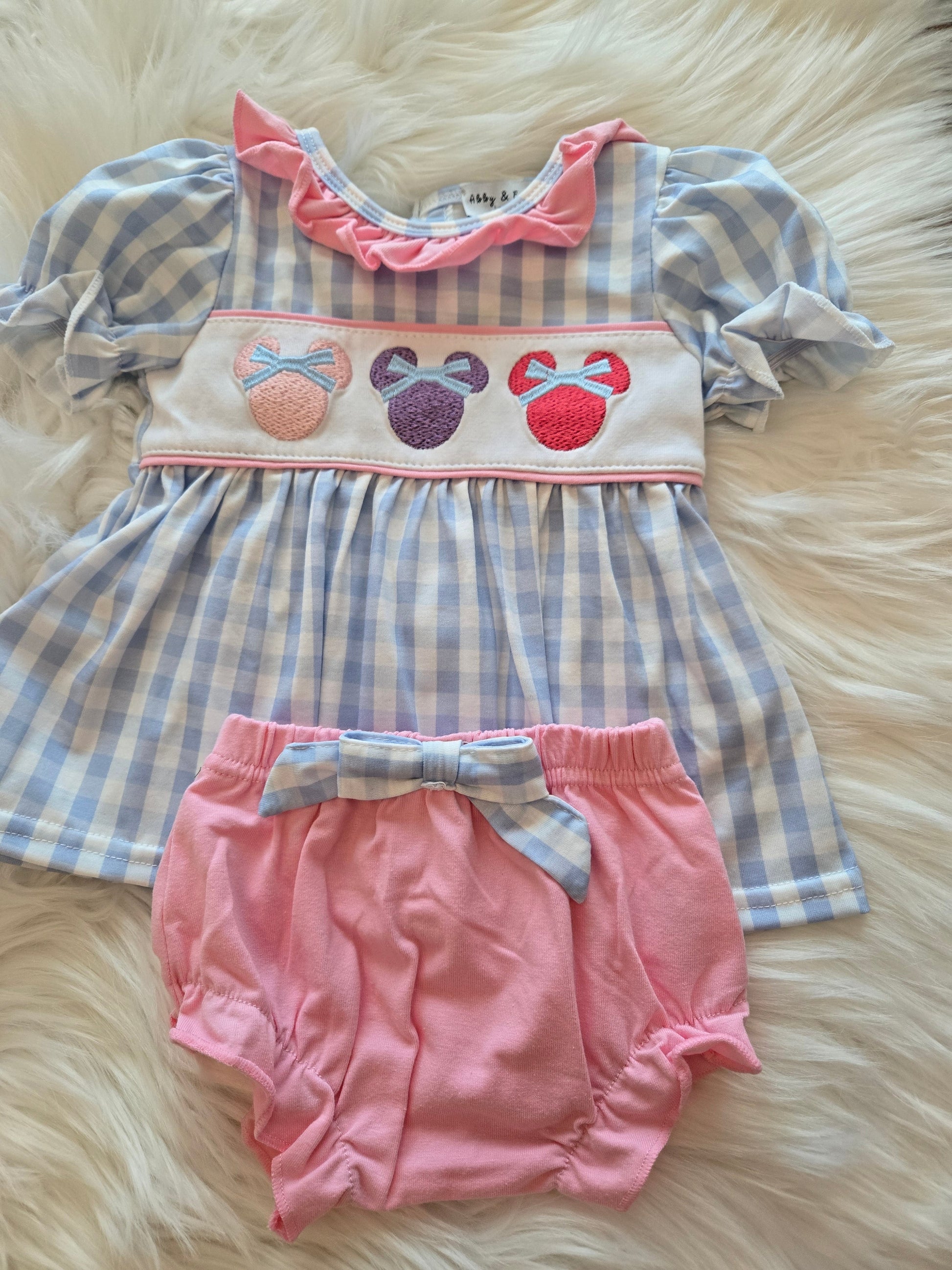 Blue Character Plaid Girl Bloomer Set Honeydew
