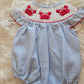 Blue Crab Seersucker Embroidery Girl Bubble Honeydew