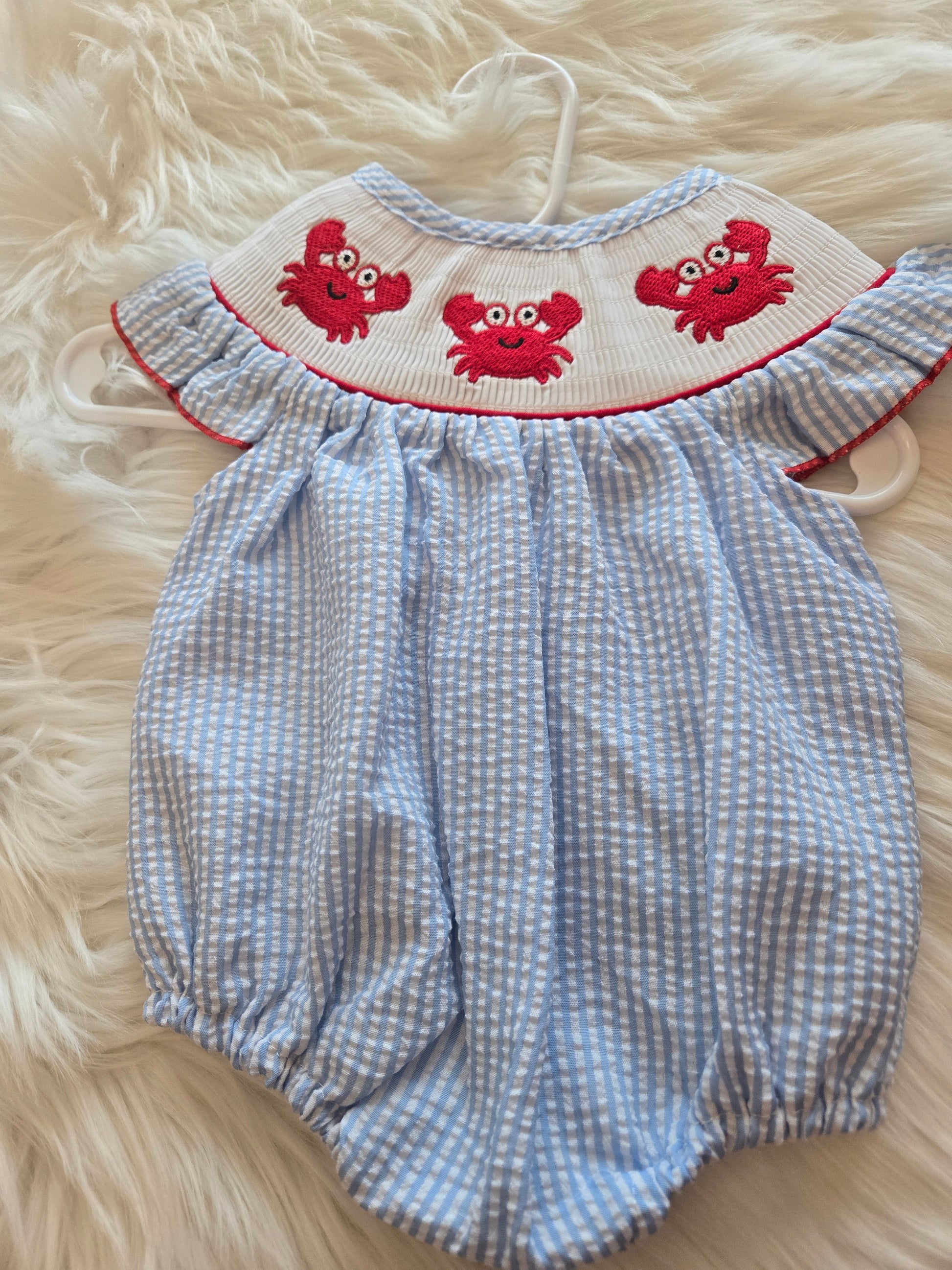 Blue Crab Seersucker Embroidery Girl Bubble Honeydew