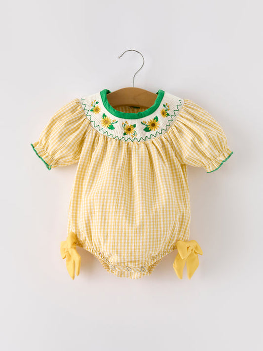 Yellow Plaid Smocked Sunflower Embroidered Girl Bubble Rylee Faith