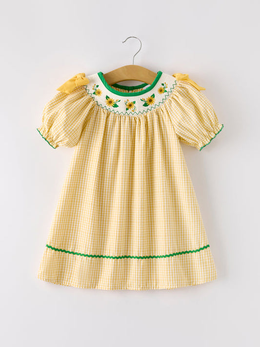 Yellow Plaid Smocked Sunflower Embroidered Girl Dress Rylee Faith