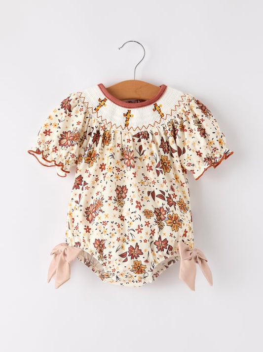 Beige Floral Smocked Church Christ Bishop Christening Girl Romper Rylee Faith