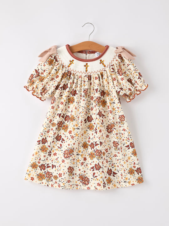 Colorful Beige Floral Smocked Church Christ Bishop Christening Girl Dress Rylee Faith