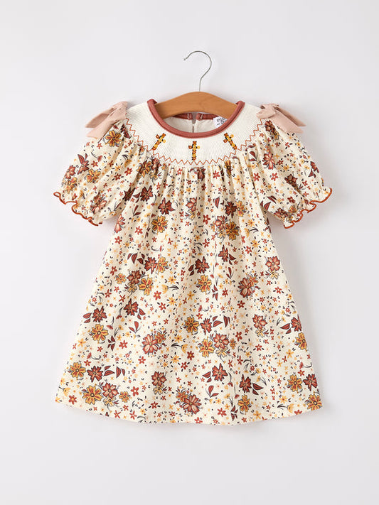 Colorful Beige Floral Smocked Church Christ Bishop Christening Girl Dress Rylee Faith