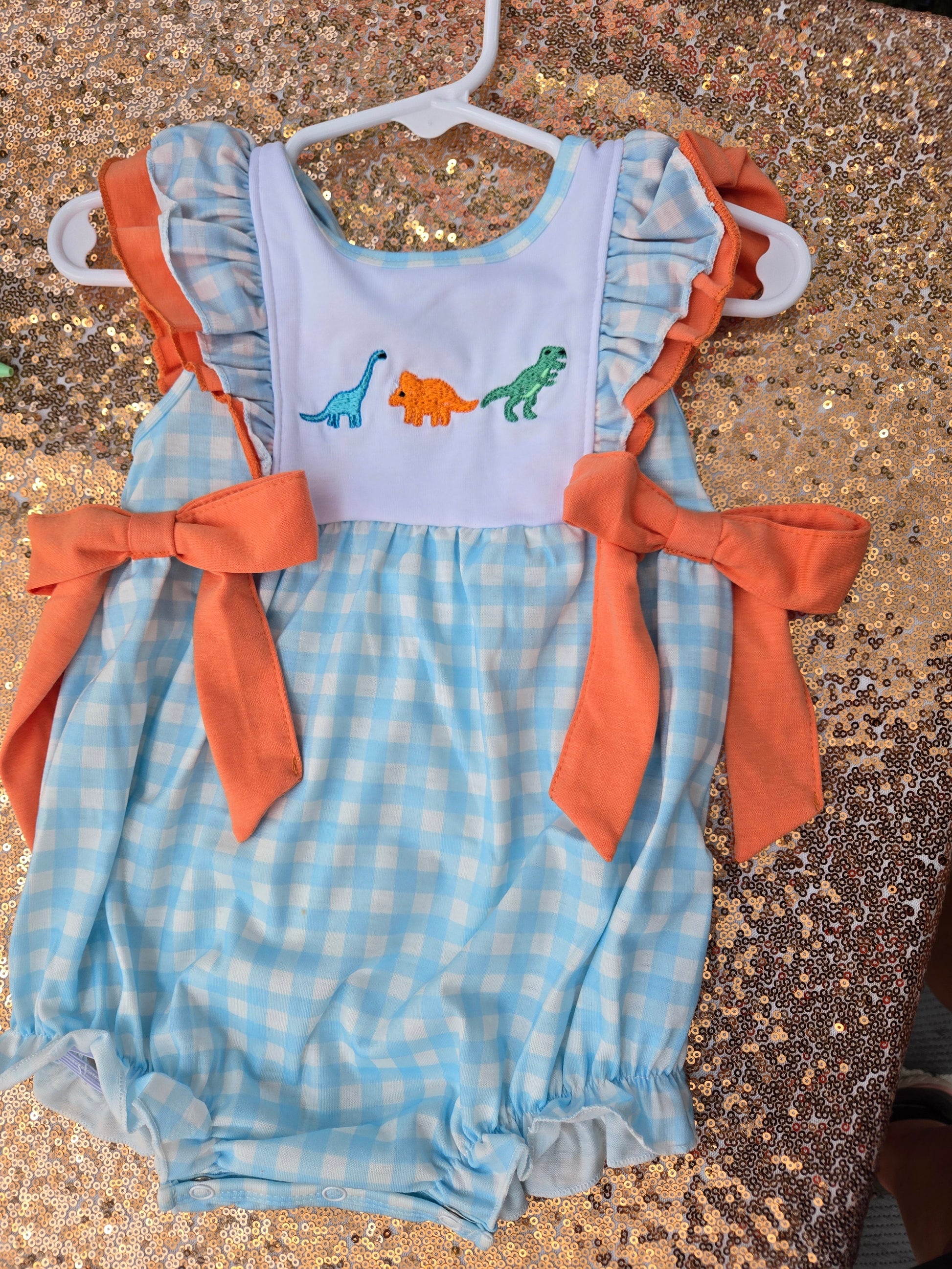 Blue Dinosaur Embroidery Gingham Girl Bubble Honeydew