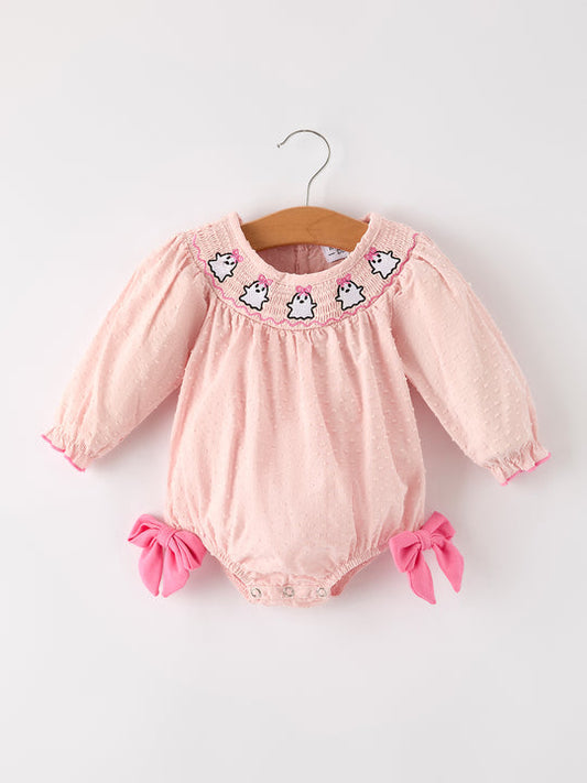 Autumn Halloween Light Pink Ghost Embroidery Smocked Floral Baby Girl Romper Rylee Faith