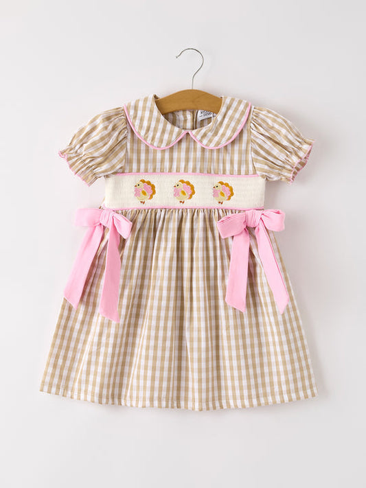 Fall Thanksgiving Beige Turkey Embroidery Smocking Girl Dress Rylee Faith